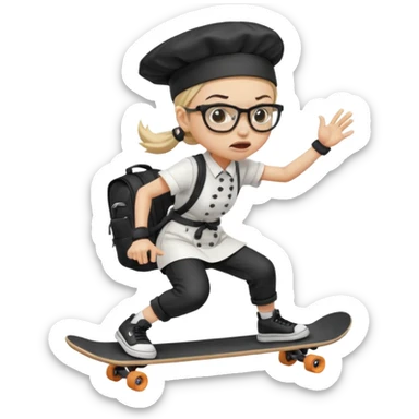 ["An angry woman with light skin, ponytail, wearing a chef hat and square glasses, dressed in goth fashion, is skateboarding while holding a backpack."] sticker