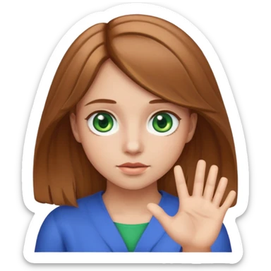 girl shrug emoji with light brown hair and green eyes with a blue ring around the iris sticker