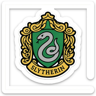 digital sticker of the Slytherin house crest with silver and green details and an ornate frame, semi-realistic vector art style, clean outlines, flat colors, slight shadows, arranged for a sticker sheet sticker