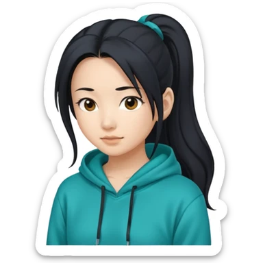 generate an asian female with long black hair in a ponytail and a teal hoodie sticker