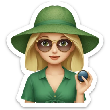 
blonde girl in dark green beach big hat adjusting sunglasses sticker