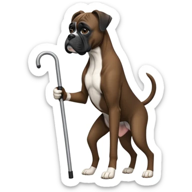 Elderly black boxer dog standing on hind legs using a cane to walk sticker