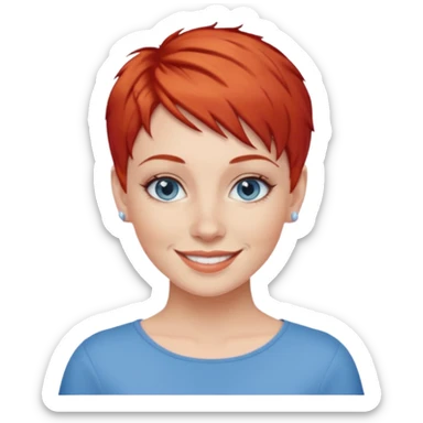 27 year old white woman, red hair, pixie cut, blue eyes sticker