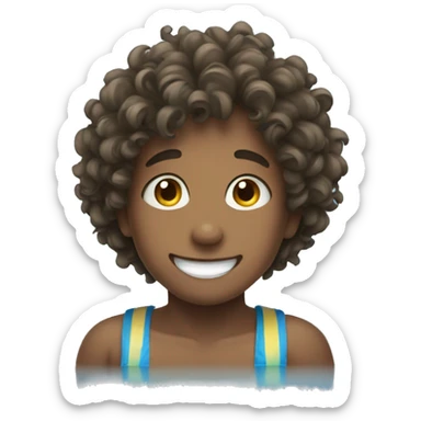 A boy with curly hair smiling in The pool sticker