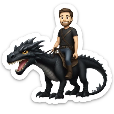 Confident White Man with dark brown hair and a short beard wearing black leather riding on the back of a giant black dragon sticker