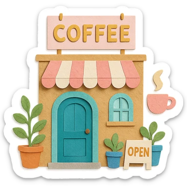 cozy coffee shop entrance with pastel hanging sign, potted plants, and cute details, hand-drawn soft pastel style sticker