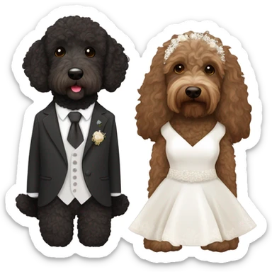 Black and brown bernadoodle in wedding dress and dark brown Australian labradoodle in suit sticker