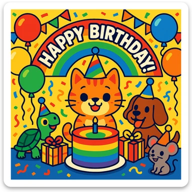 vibrant-toon style birthday party scene with a rainbow color theme including rainbow balloons, multicolored decorations, confetti, a large rainbow birthday cake, gifts, and a festive atmosphere. Main character is a ginger tabby kitten wearing a birthday hat, surrounded by a puppy, turtle, and mouse also celebrating. Prominent 'Happy Birthday!' message included in the scene. sticker