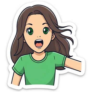 white girl, long brunette hair, green eyes screams with delight sticker