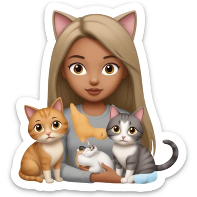 a pretty bratz dusky girl with long straight hair playing with 2 cats nd wearing a grey tshirt sticker