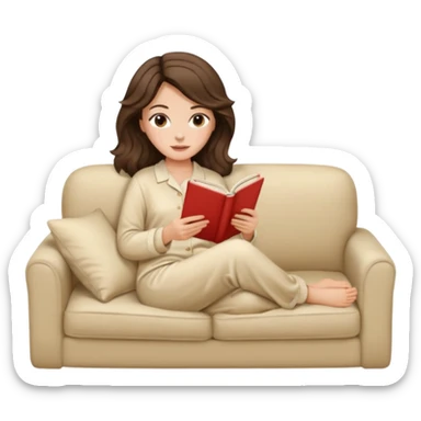 Woman with brunette hair reading on sofa. Soft wavy hair. Beige ivory pyjamas  sticker