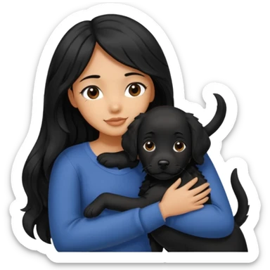a girl with long, wavy black hair hugging a black Labrador with black fur a sticker