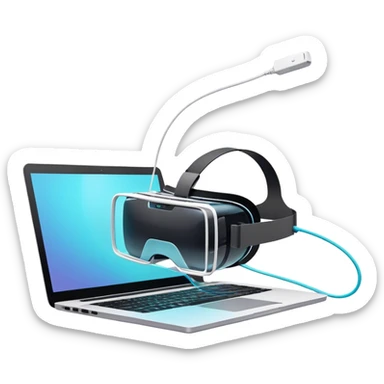 VR headset lying next to a laptop, connected by wires. On the laptop screen a VR/AR modeling program is opened. Floating 3D models or virtual objects. Modern, tech-inspired colors. No emojis or smiley faces. Transparent background. sticker