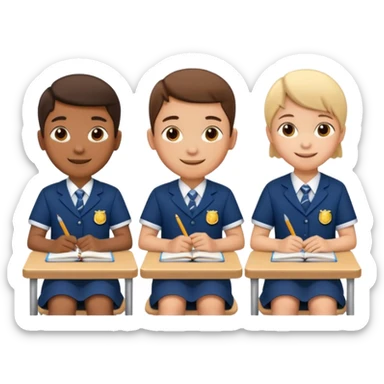 three school children sitting in a row behind their school desks sticker