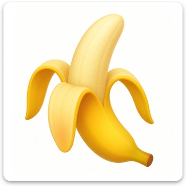 Make a banana emoji exactly like the reference image, in iOS emoji style. Peeled banana, realistic shape, bright yellow, smooth and shiny. Add a slight blush to the peel. The style should resemble the iOS emoji style. sticker