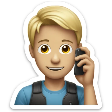 A boy holding a phone who has a big nose sticker