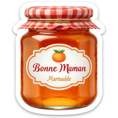 Bonne Maman orange marmalade jar, glass jar with red gingham lid, orange marmalade visible, classic label, cute emoji style sticker