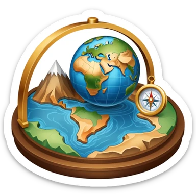 An icon featuring a globe, a compass, and a topographic map, symbolizing geography. The design includes mountain ranges, rivers, and a magnifying glass, representing the study of Earth's landscapes, features, and spatial relationships. Transparent background highlights geographic exploration. sticker