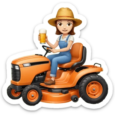 White woman with brown hair, without glasses wearing a straw hat, on old orange ride on lawn mower, holding a beer with one hand and holding the steering wheel with the other hand. Woman is smiling. Lawn mower has “Westwood” written on the engine cover sticker