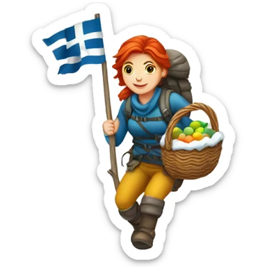 red hair female winter mountaineer climbing with Easter eggsbasket and Greek flag sticker
