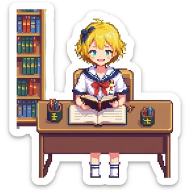Pixel art anime girl with short bright yellow hair wearing Japanese sailor style school uniform, sitting at desk reading book but with excited smile, energetic studying pose sticker