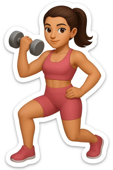Create an emoji style illustration of a girl doing musculation wearing a cute pink workout set, inspired by the reference image. sticker