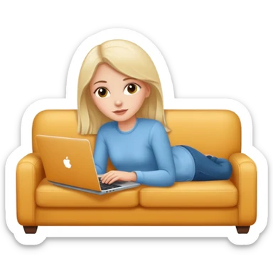 A white girl is lying on a sofa with a laptop sticker