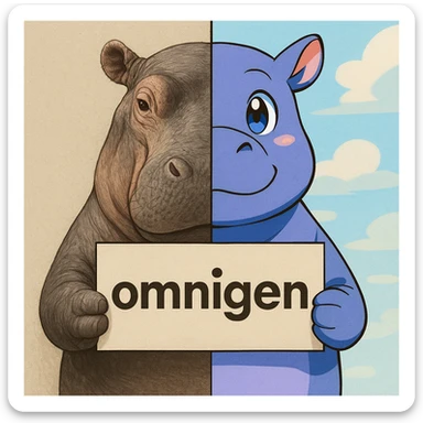 a hippo holding sign of omnigen, half picture hippo is realistic another hald is the anime of that same hippo sticker