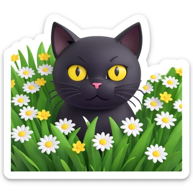 black cat with big yellow eyes peeking out from green grass, a white flower on its head, surrounded by small white and yellow flowers, highly three-dimensional, playful and cute, 3D iOS 18 style sticker