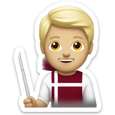Blonde man holding a Latvian flag sticker