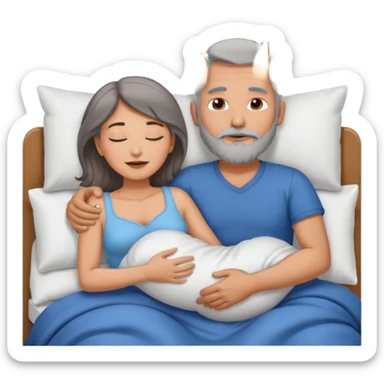 Man with grey hair and beard,beautiful brunette woman sleeping in bed together in the spooning position  sticker