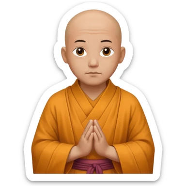 A bald monk wearing traditional robes, calm expression, hands clasped, in a serene setting sticker