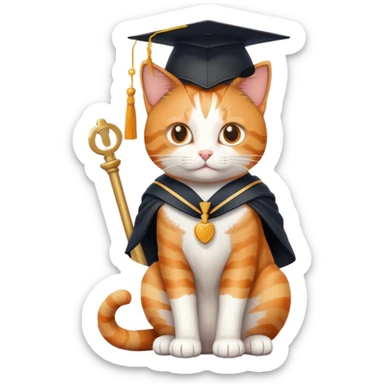 cat sitting, graduation cap on head, scales of justice in front sticker
