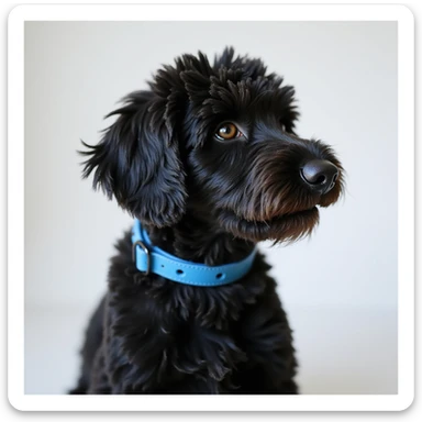 photorealistic black doodle dog with a blue collar, simple background, accurate details sticker