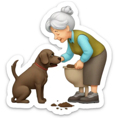 Old woman take picture of dog poop sticker