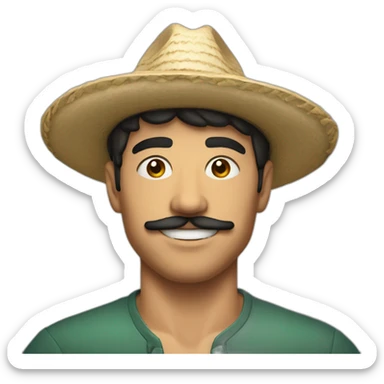 Young man aged 25 with short black hair, small moustache and Mexican hat sticker