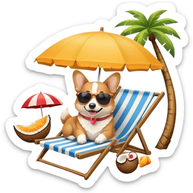 a corgi dog laied on a beach chair, a sunny beach, a sun umbrella, and beach coconut trees. the icon should capture the essence of a relaxing beach vacation with a carefree atmosphere sticker