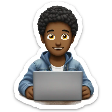 A kid boy was editing in his laptop with his background setup on the wall written alaf Work starts here sticker