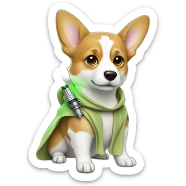Corgi dress as yoda with one light saber green sticker