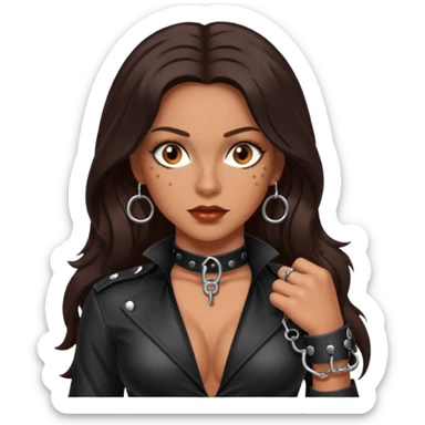 Tan skin with freckles, long dark hair, hazel eyes Dominatrix with handcuffs sticker