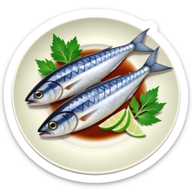mackerel sashimi on a plate with shiso leaf and wasabi sticker