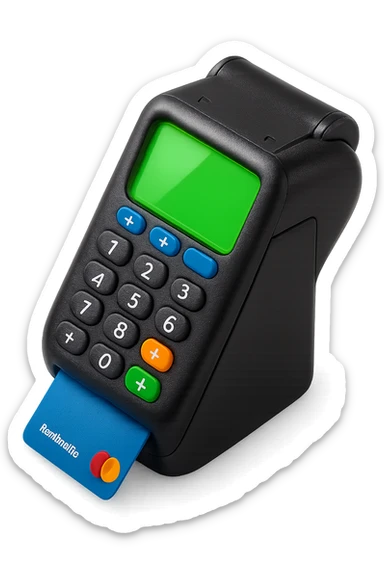 Make the payment terminal look modern and up-to-date in skeuomorphism style with no background. The style should reflect realistic textures and subtle shadows typical of skeuomorphism, emphasizing a polished and tactile appearance with a transparent background. sticker