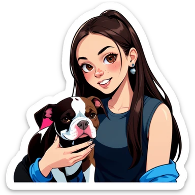 Slightly overweight beautiful girl with choppy long dark hair with her nose piercing and her black iPhone with her her pet pit bull girl with an underbite layed next to her sticker