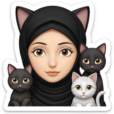 A Arabic woman human with brown eyes and black hijab. and three cats, two cats black and white and one grey cat  sticker