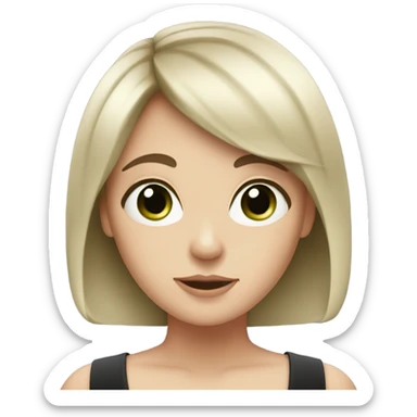 A very white girl has black and short hair. Also she has bangs, she has green eyes sticker