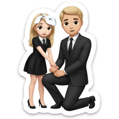  Sabrina carpenter kneeling down wearing a black dress with a tie, putting her hand on man’s leg who is standing  sticker