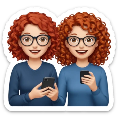 two girls. both white, one with curly red hair and glasses. one with curly brown hair. both giggling while doing a podcast sticker