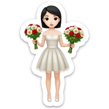 Chica blanca,cuerpo entero, vestido boda corto, pelo negro y recogido ramo de flores sticker