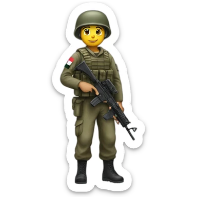 A soldier holds the of the palestine sticker