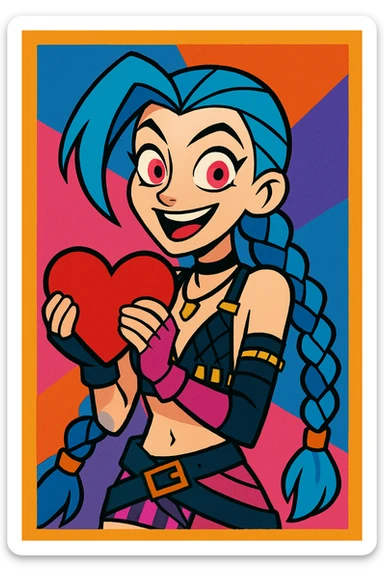 Jinx from League of Legends holding a heart, vibrant cartoon style sticker